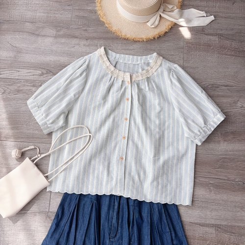 5.21安可~日系少女风拼棉质花边纹理细条纹波浪边短袖娃娃衫上衣