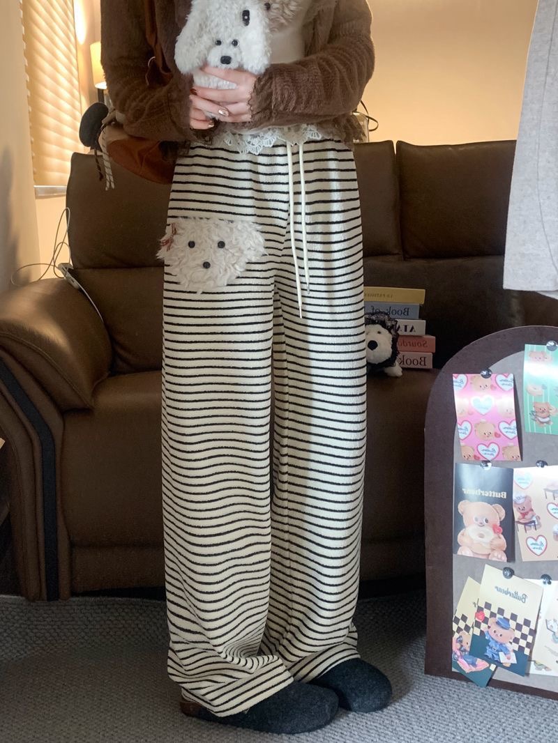 秋冬新款可爱毛绒蝴蝶结小狗松紧腰加绒加厚条纹直筒阔腿裤女
