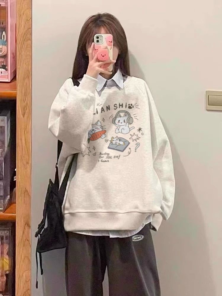 秋冬新款女装纯棉复古卡通印花宽松休闲长袖卫衣女上衣