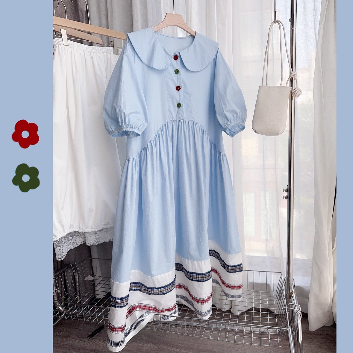 拼接宽松休闲短袖娃娃领连衣裙