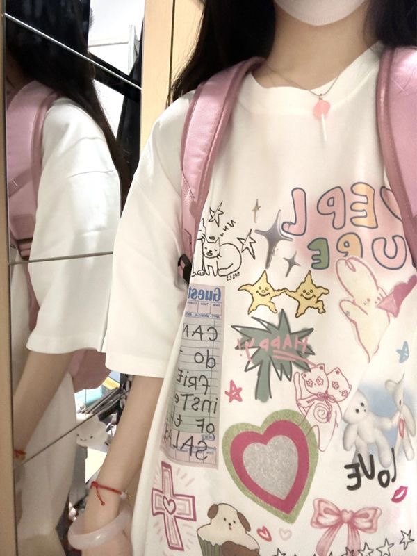 纯棉可爱卡通印花春夏新款宽松短袖休闲白色T恤上衣女学生