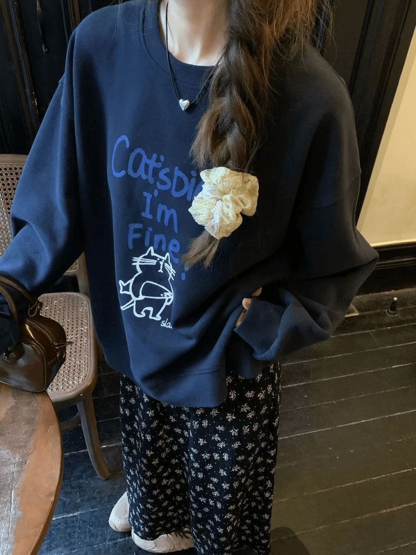秋冬新款女装纯棉加绒加厚可爱猫猫印花宽松休闲圆领长袖卫衣