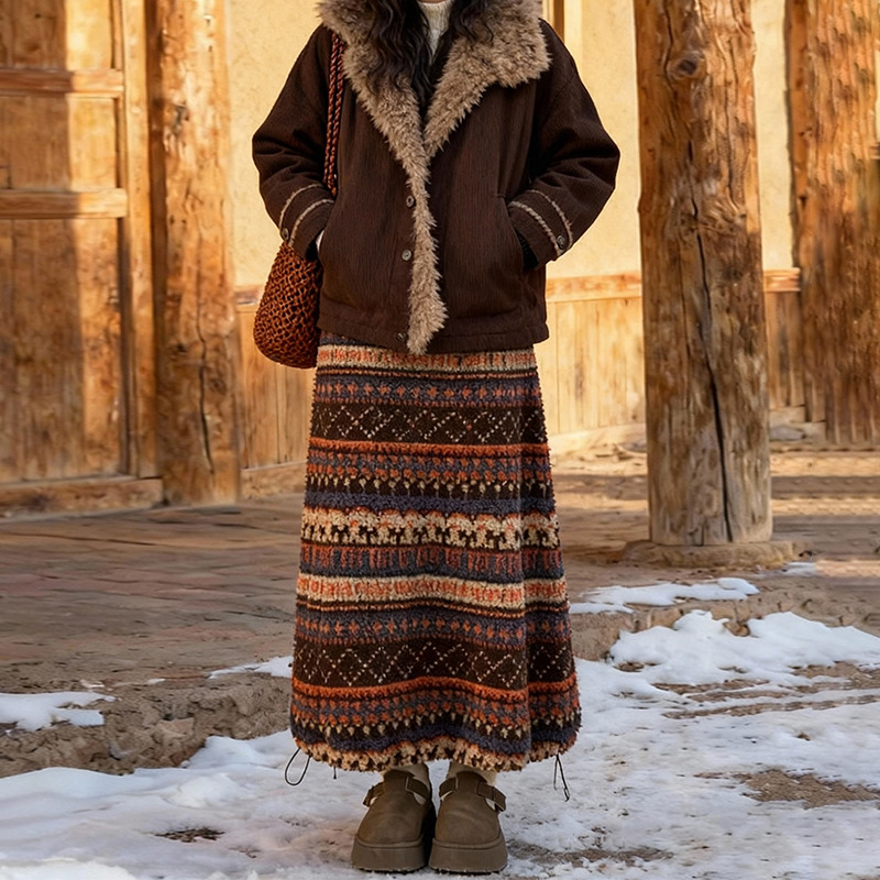 秋冬新款费尔岛摇粒绒半身裙女高腰下摆抽绳中长款裙子两穿灯笼裙