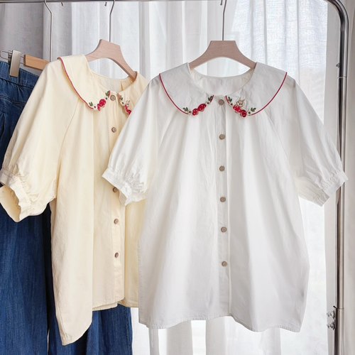 娃娃领兔子刺绣可爱娃娃短袖衬衫