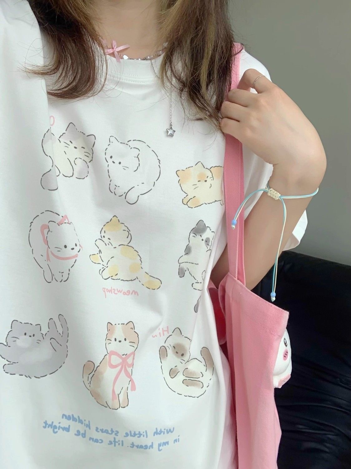安可~可爱猫咪印花夏季新款宽松显瘦纯棉白色T恤上衣女学生