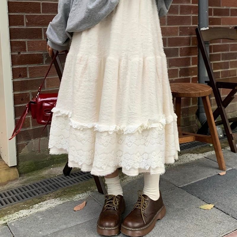 少女风~秋冬新款松紧高腰加厚大裙摆绒感半身裙长裙女