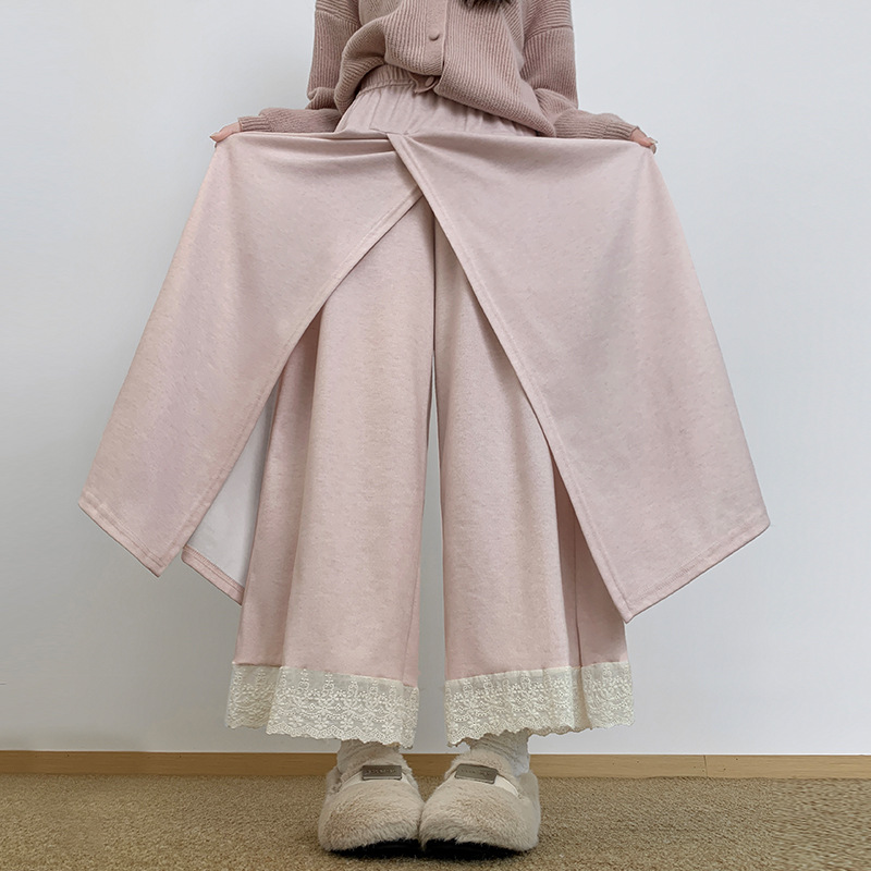 秋冬韩系高腰垂感减龄蕾丝拼接休闲假两件阔腿裤慵懒直筒裤裙裤女