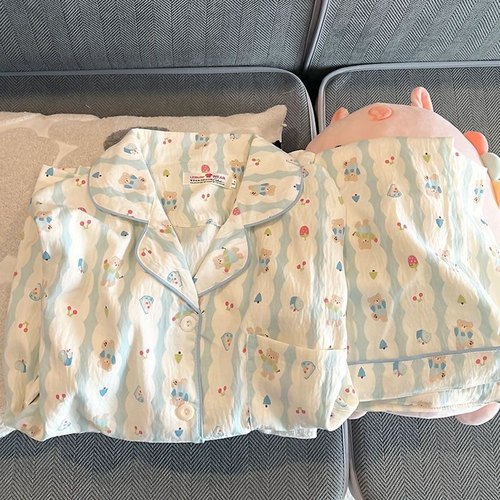 可爱少女风春夏新款卡通小熊印花宽松短袖短裤睡衣居家服套装