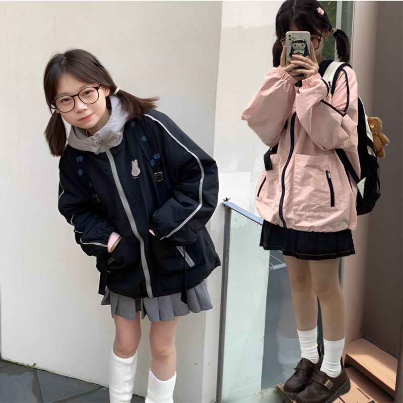 秋季新款女装软妹可爱撞色小兔刺绣宽松休闲长袖拉链连帽外套