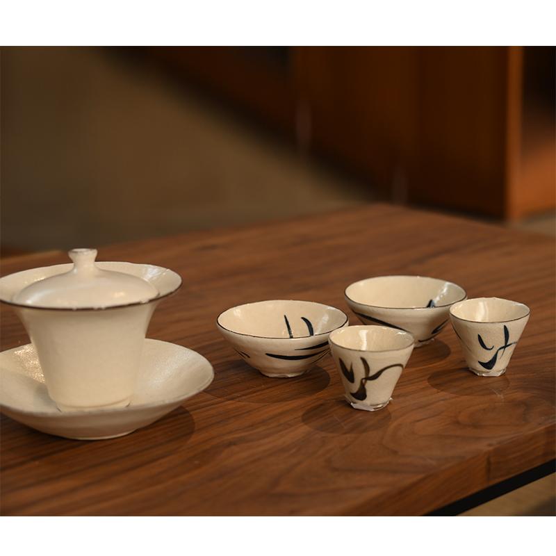 张汝佳 粉引兰花茶具手作开片冰裂纹器皿公道杯茶杯盖碗
