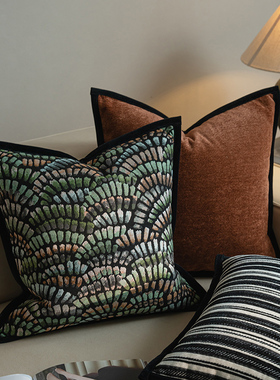 绿色高端复古抽象山水新中式客厅沙发抱枕条纹雪尼尔纯色包边靠垫