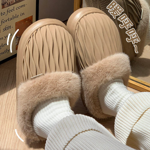 冬季新款男女情侣款棉拖加厚保暖纯色居家休闲风拖鞋防臭防滑