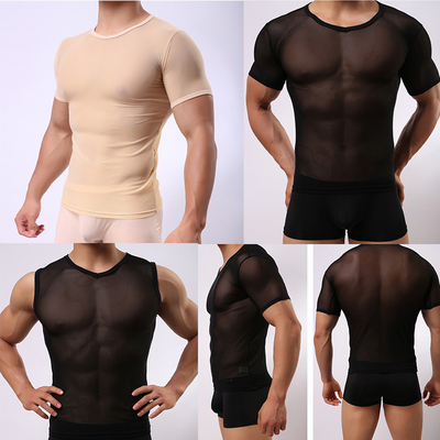 男士半透明网纱背心短袖性感夜店