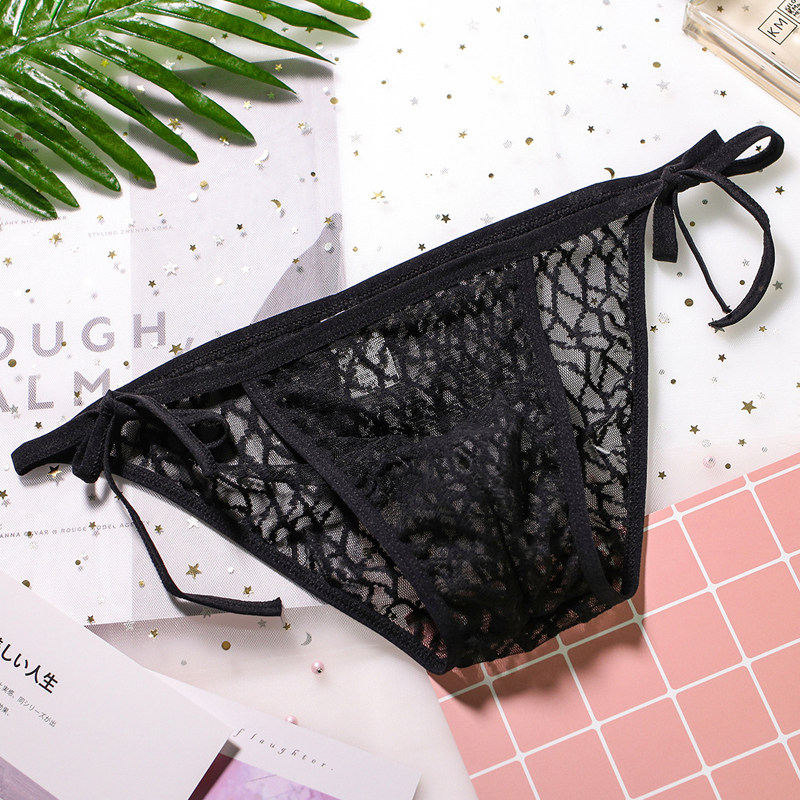 男士网格透气透明网纱蕾丝系带绑带性感小三角裤情趣内裤裤衩