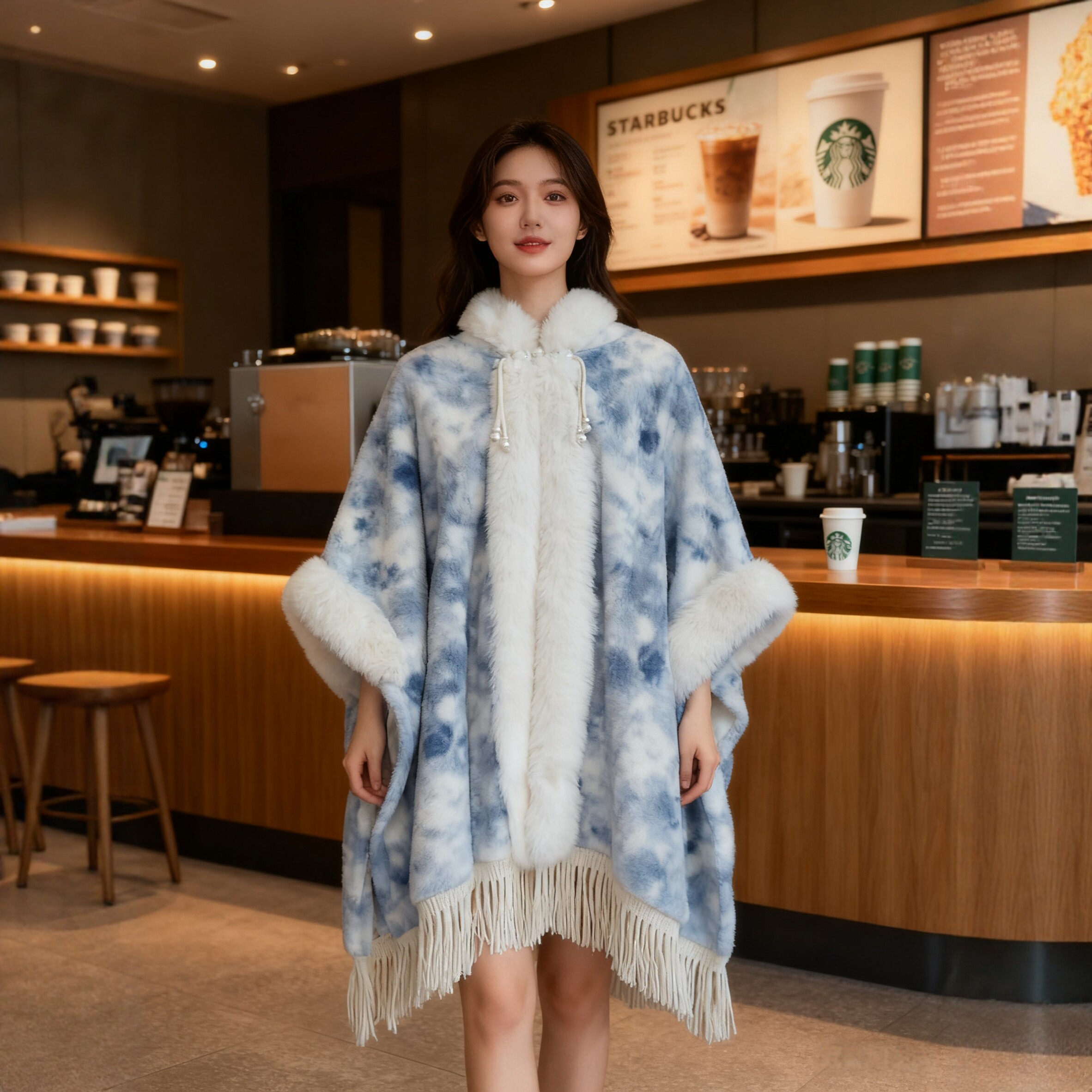 扎染连帽羊羔绒外套女2025秋冬新款披风宽松上衣保暖加绒斗篷外套