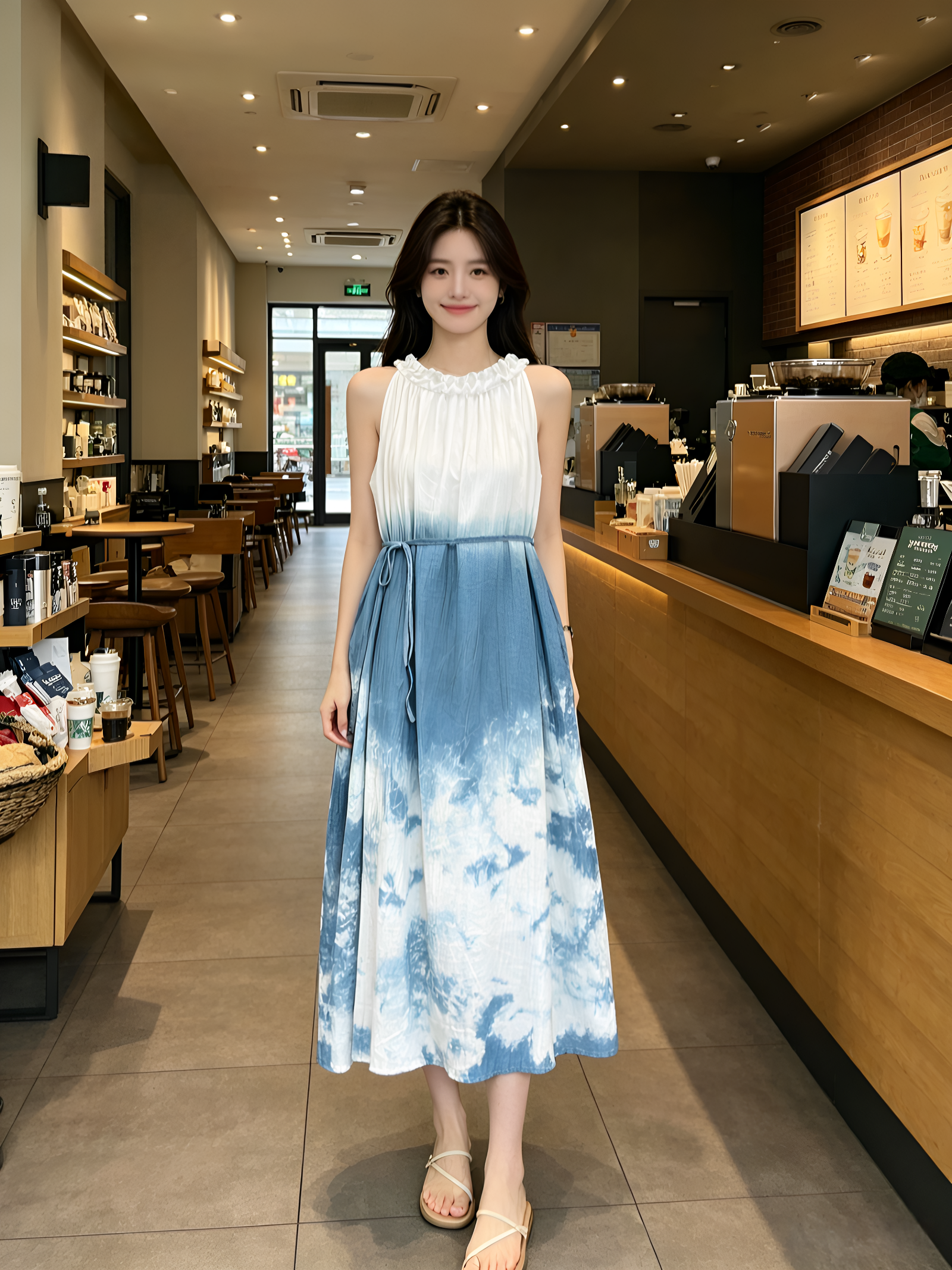 蓝白扎染挂脖连衣裙女夏季收腰显瘦棉麻长裙海边度假裙温柔仙女裙