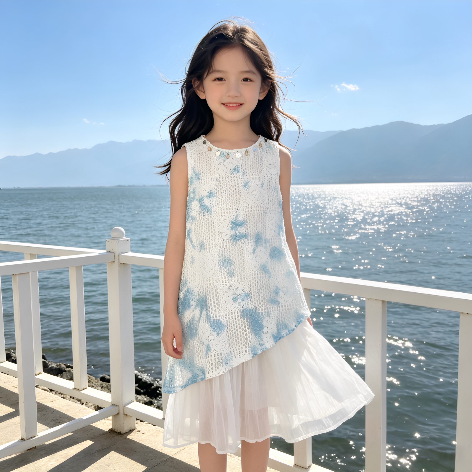 民族风儿童扎染连衣裙夏季小女孩镂空背心裙海边度假洋气童装裙子图片