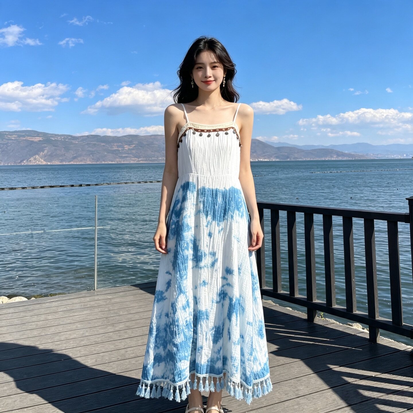 民族风扎染吊带裙女复古流苏下摆裙子收腰显瘦沙滩裙海边度假长裙图片