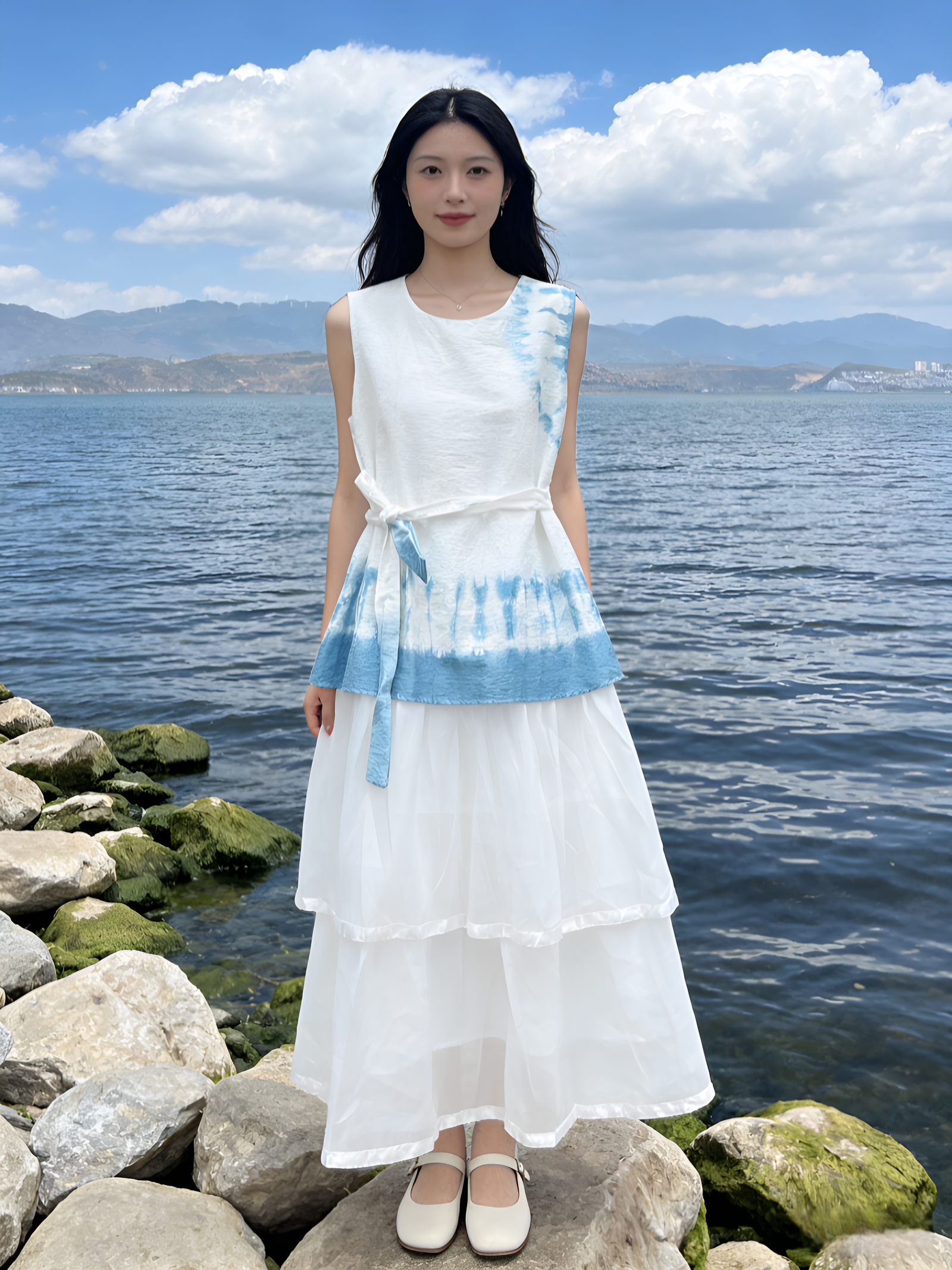 扎染假两件连衣裙长款女夏季棉麻圆领无袖背心裙收腰显瘦气质长裙