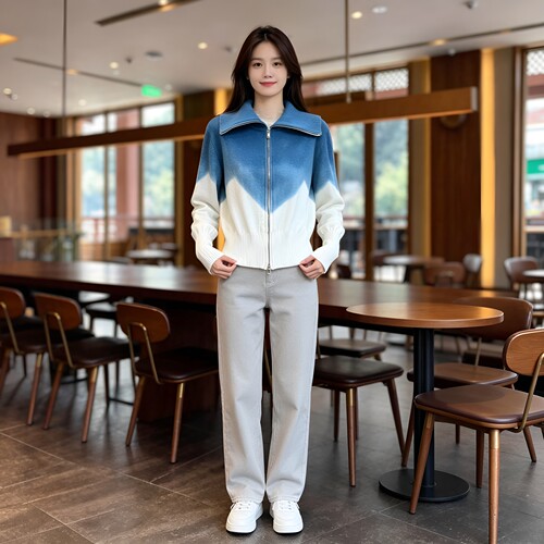 扎染双拉链翻领针织开衫女2026春秋新款设计感百搭显瘦毛衣外套潮