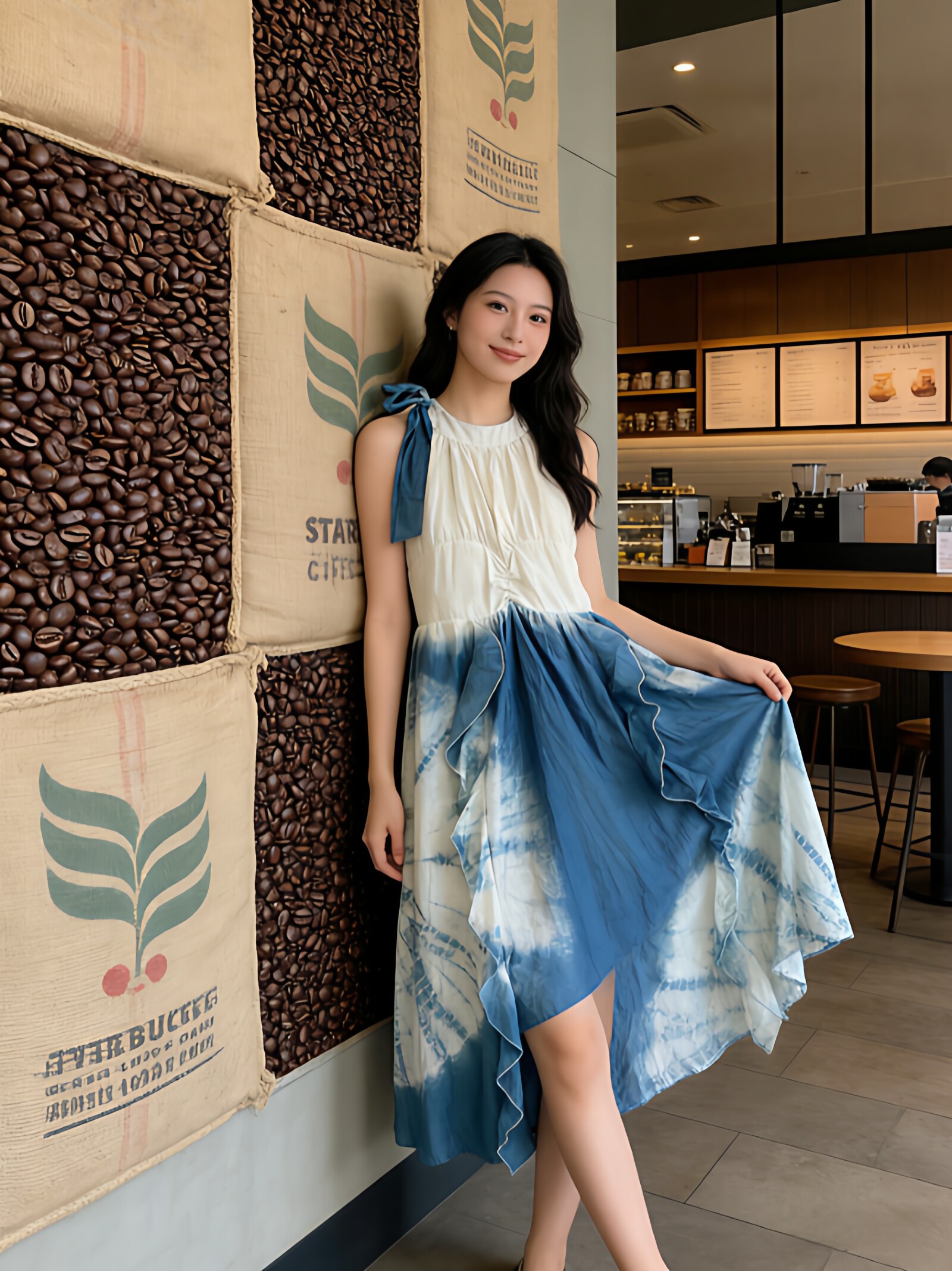 扎染挂脖连衣裙女夏季2026新款无袖度假风大摆长裙设计感显瘦裙子