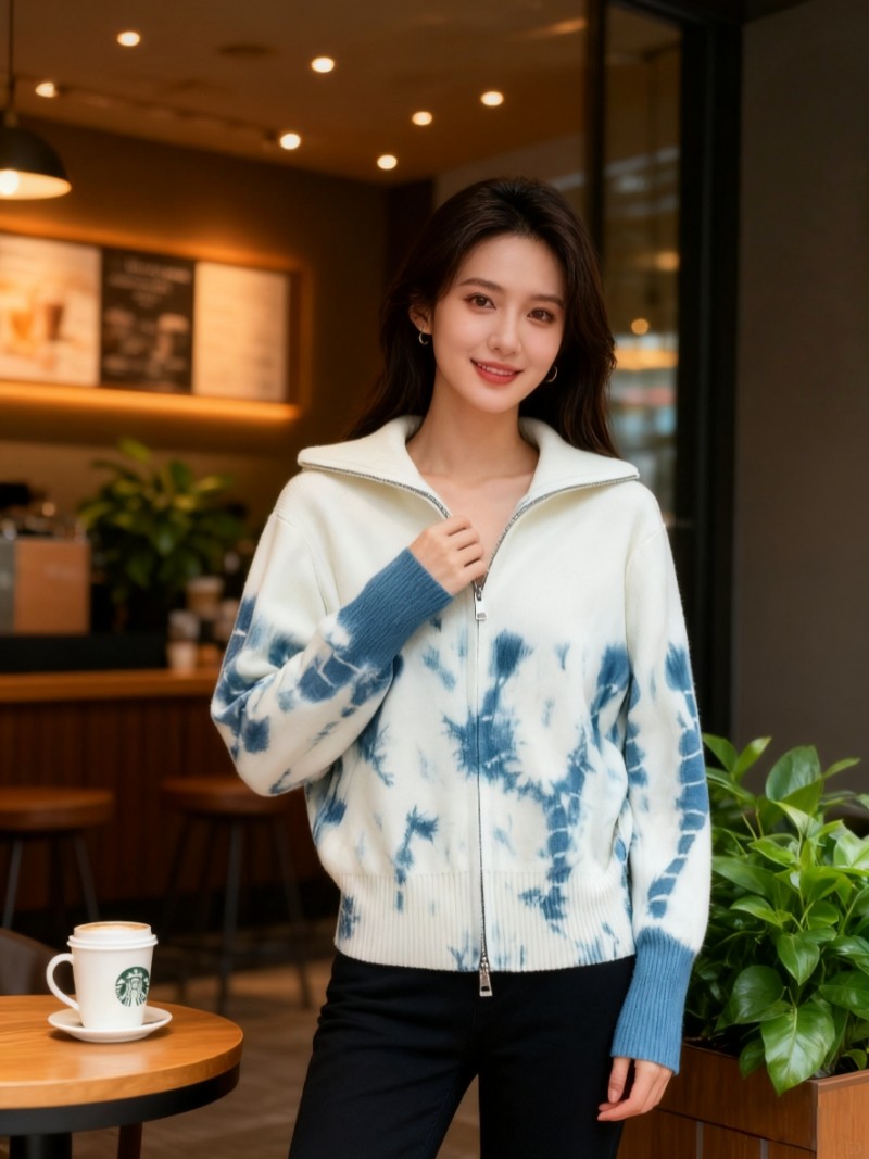 扎染针织开衫女秋季新款百搭翻领针织衫长袖修身显瘦高领毛衣外套