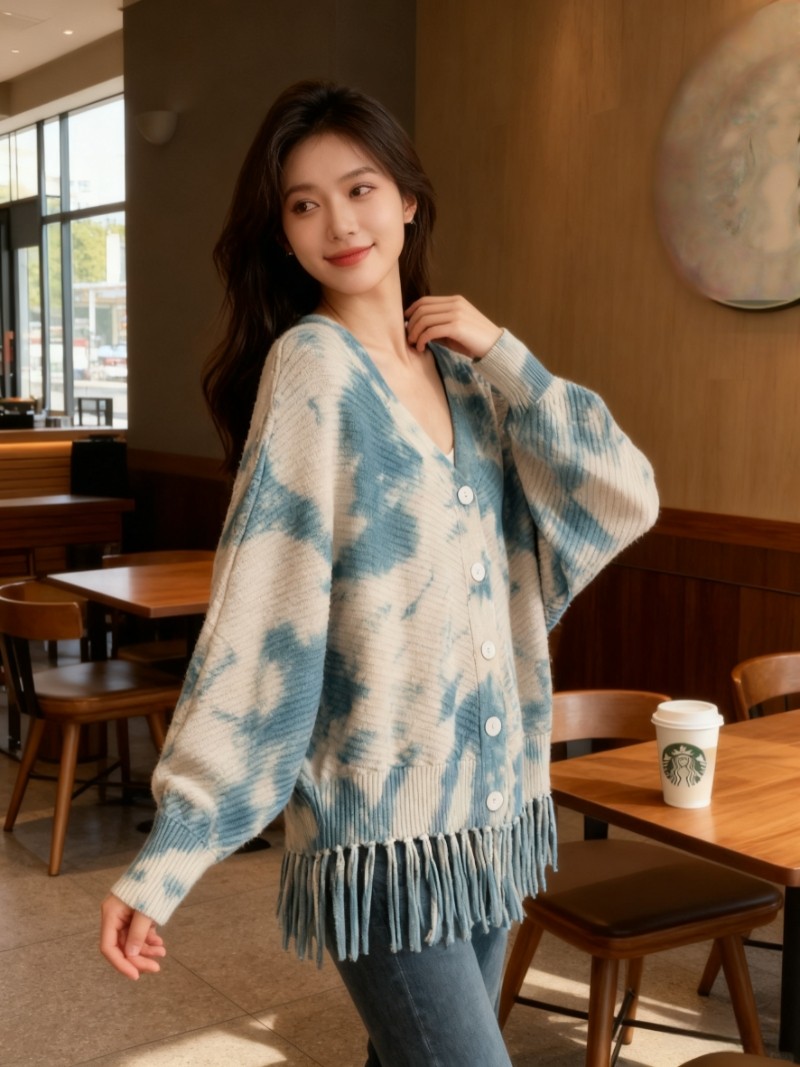 扎染针织流苏开衫女秋季新款百搭慵懒风外搭长袖蝙蝠衫毛衣外套女