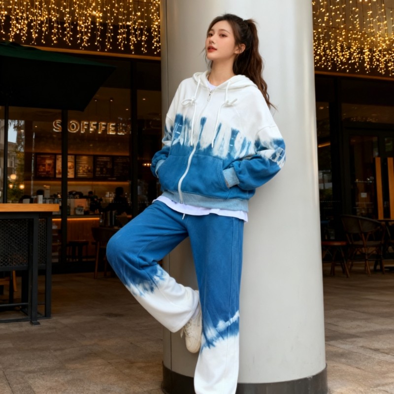 扎染连帽外套阔腿裤两件套女2025秋季新款宽松卫衣运动休闲套装女