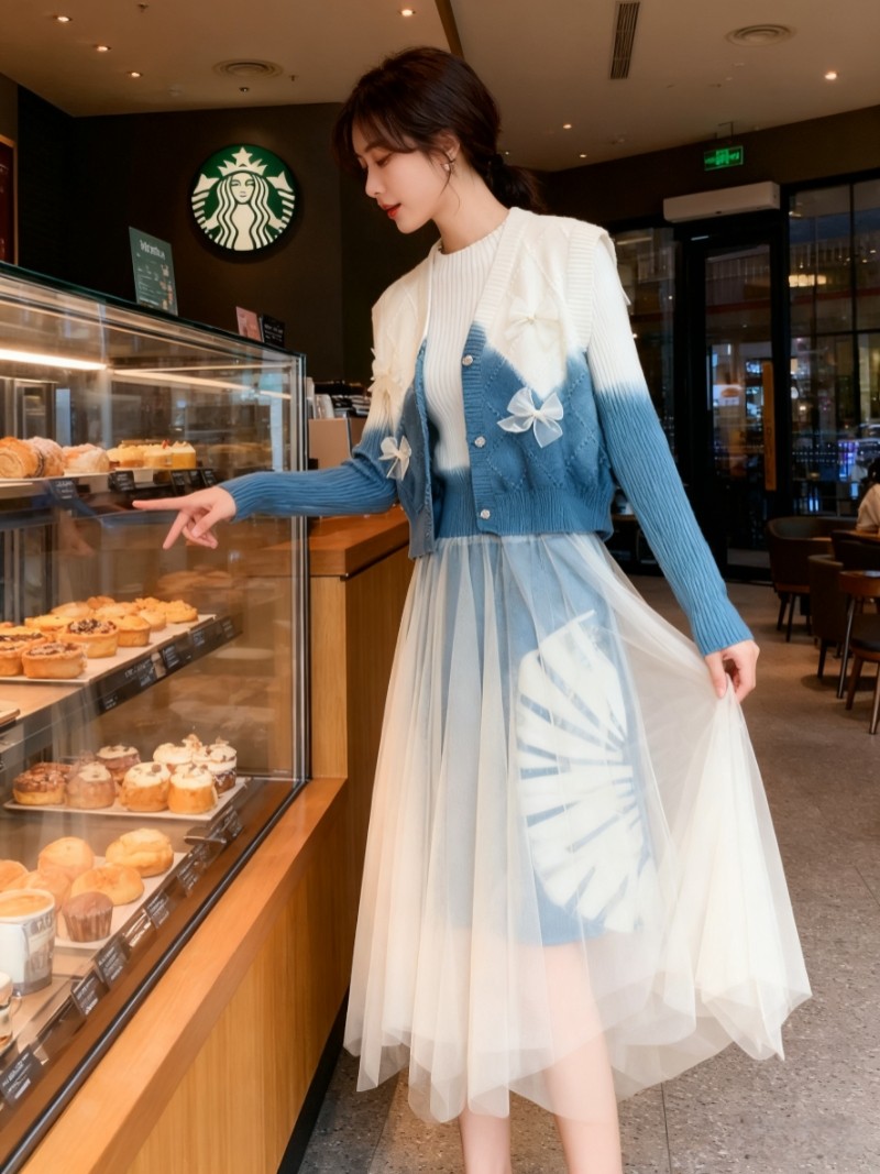 扎染秋装针织连衣裙套装洋气针织马甲时尚两件套秋冬打底毛衣裙子