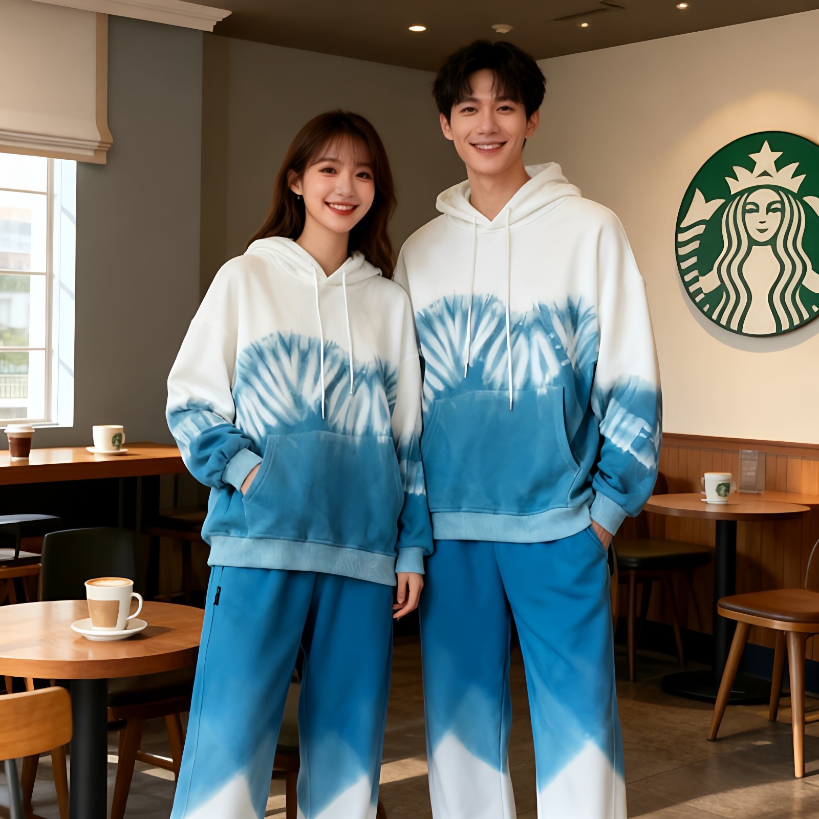 扎染情侣装连帽卫衣套装春秋冬新款休闲运动服帽衫上衣长裤两件套