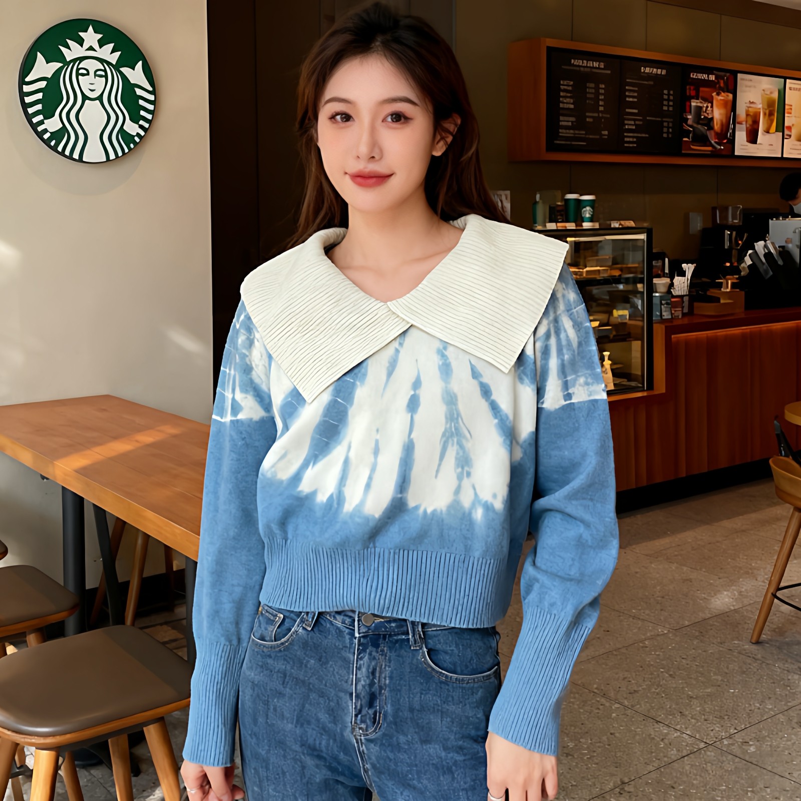 扎染针织短款上衣女春季新款宽松百搭针织衫外穿打底衫大翻领毛衣