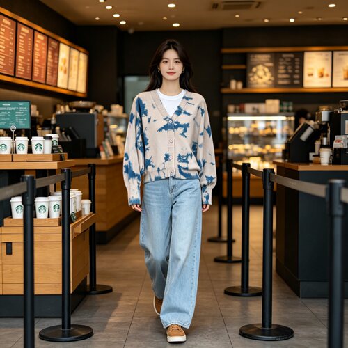 原创扎染针织开衫女春秋螺纹v领扣子毛衣外套时尚百搭针织衫上衣