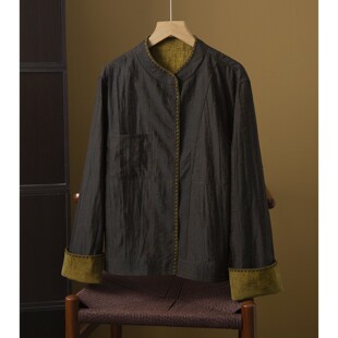 女100桑蚕丝开衫 双面穿 真丝龟裂纹香云纱国风外套贝壳绣真丝挽袖