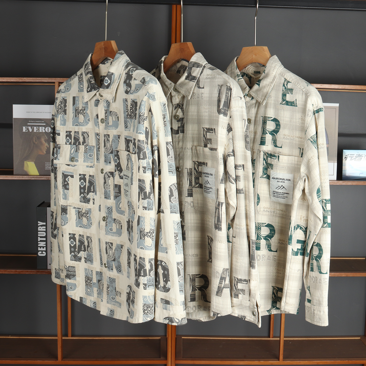 男士纯棉字母印花宽松长袖衬衫潮