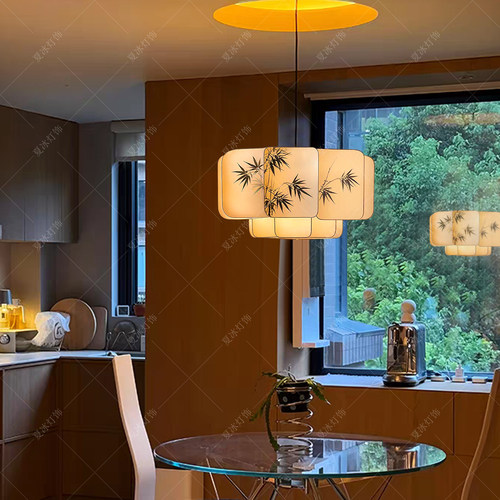 新中式布艺竹叶水墨画客厅吊灯