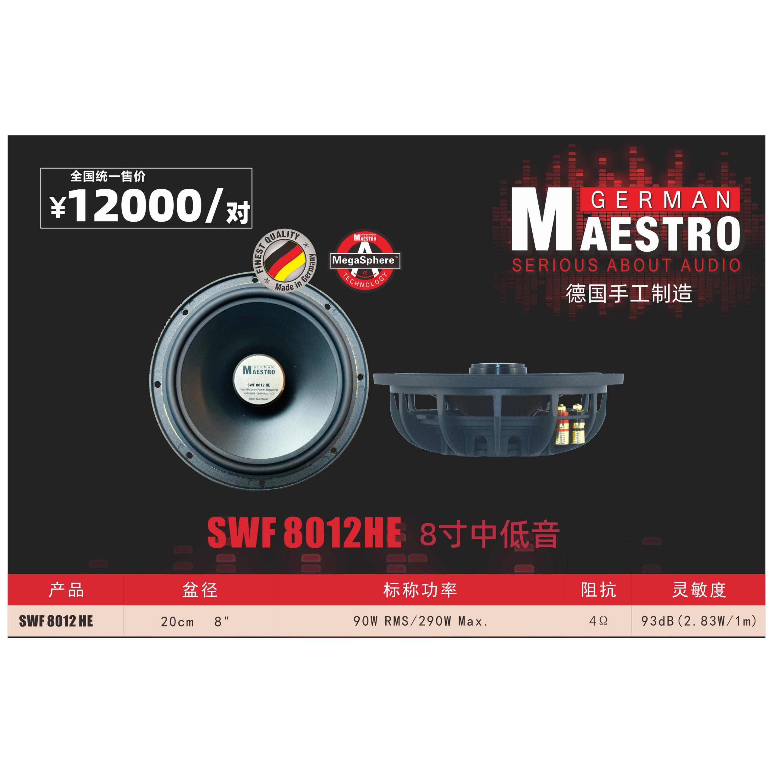 德国曼斯特汽车音响SWF 8012HE车载8寸中低音喇叭扬声器改装