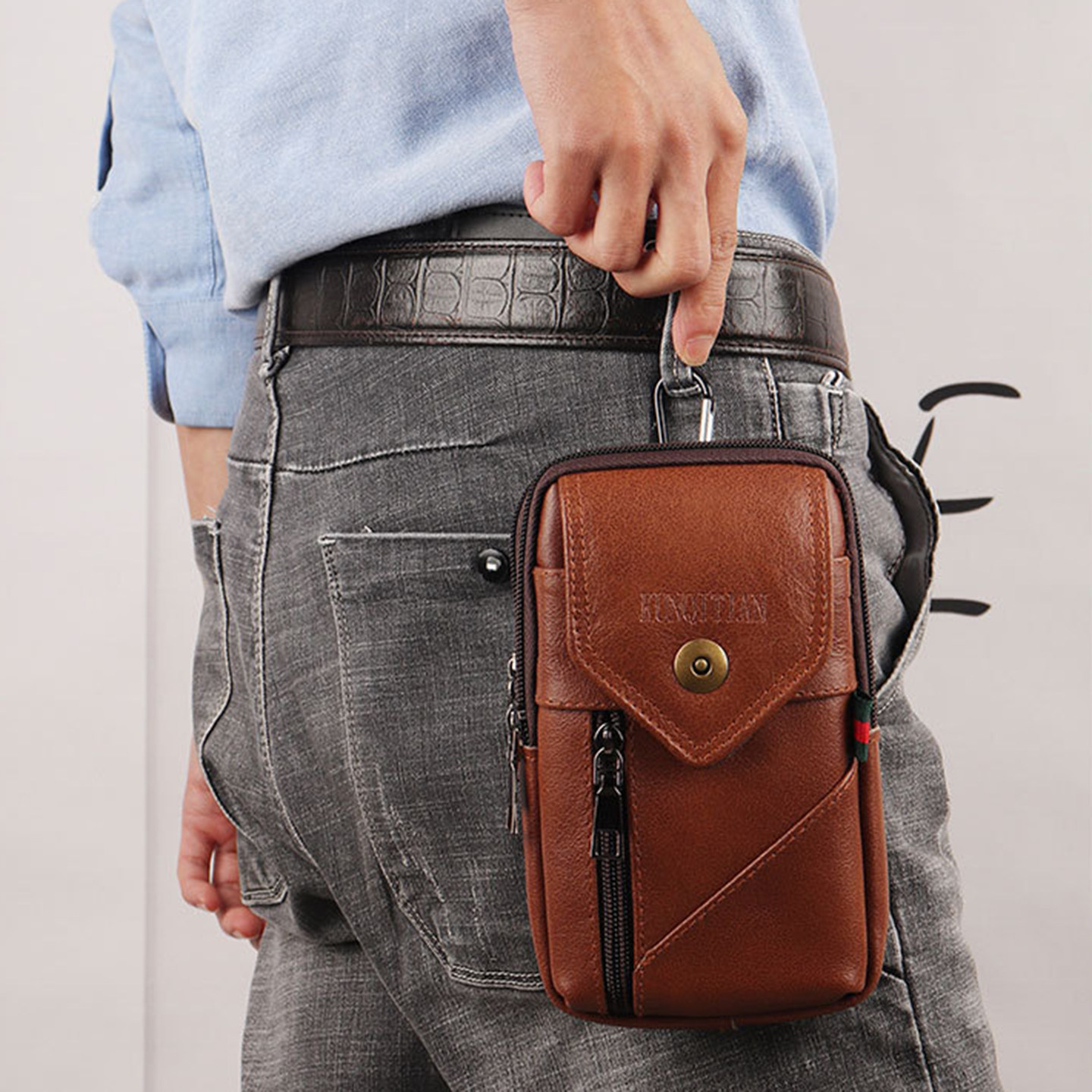 真皮男士防水大容量翻盖手机包