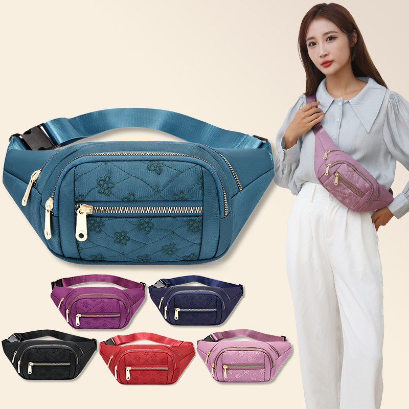 女士刺绣纯色尼龙斜挎包百搭单肩户外简约跑步包运动多功能腰包