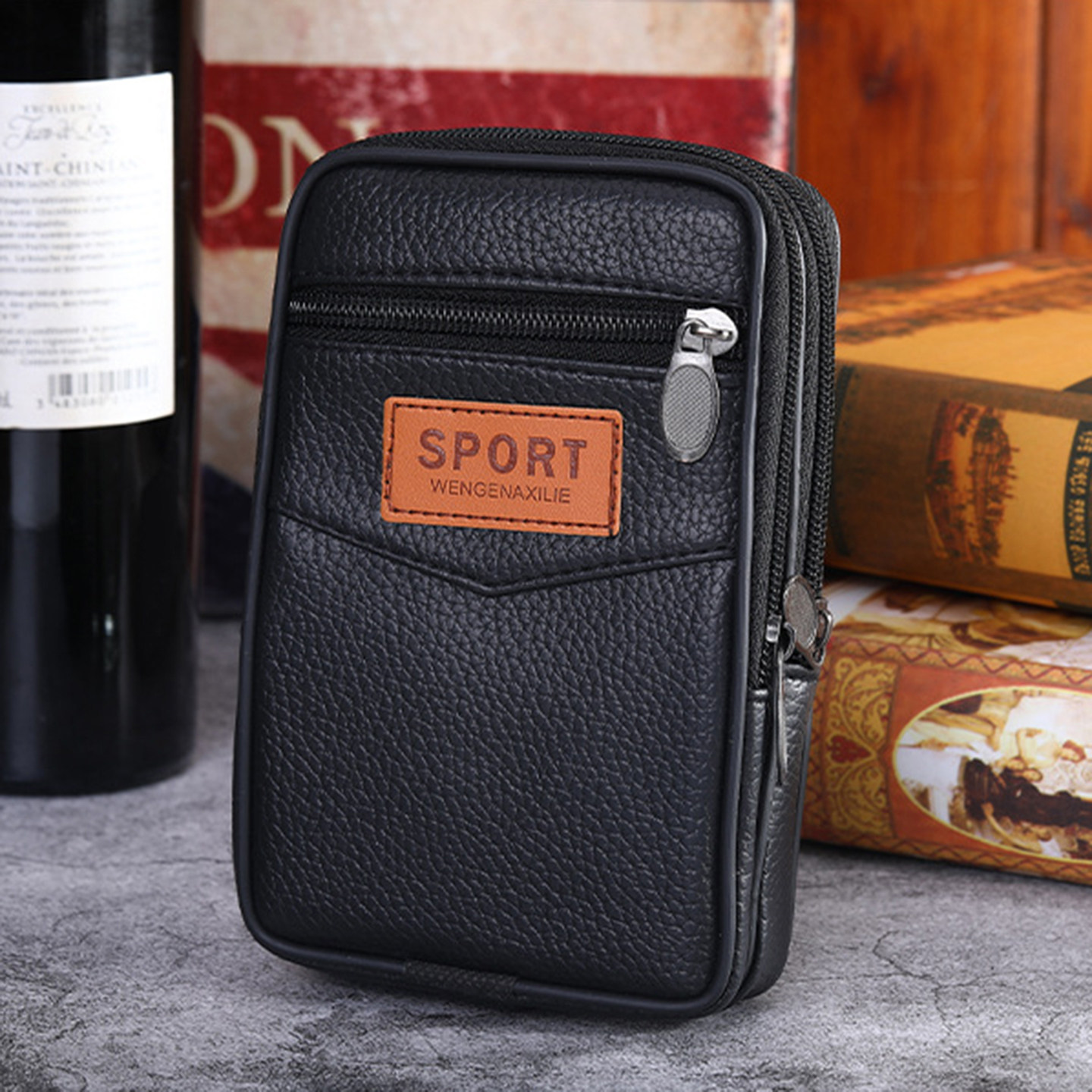 男士竖版手机腰包新款pu皮休闲时尚零钱收纳包手机包拉链青年男款