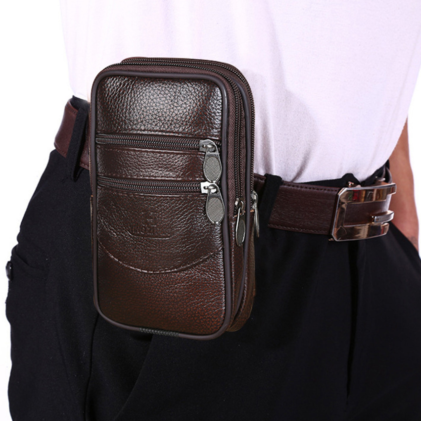 手机腰包真皮7寸腰包穿皮带商务运动牛皮防水防盗手机包拉链男款