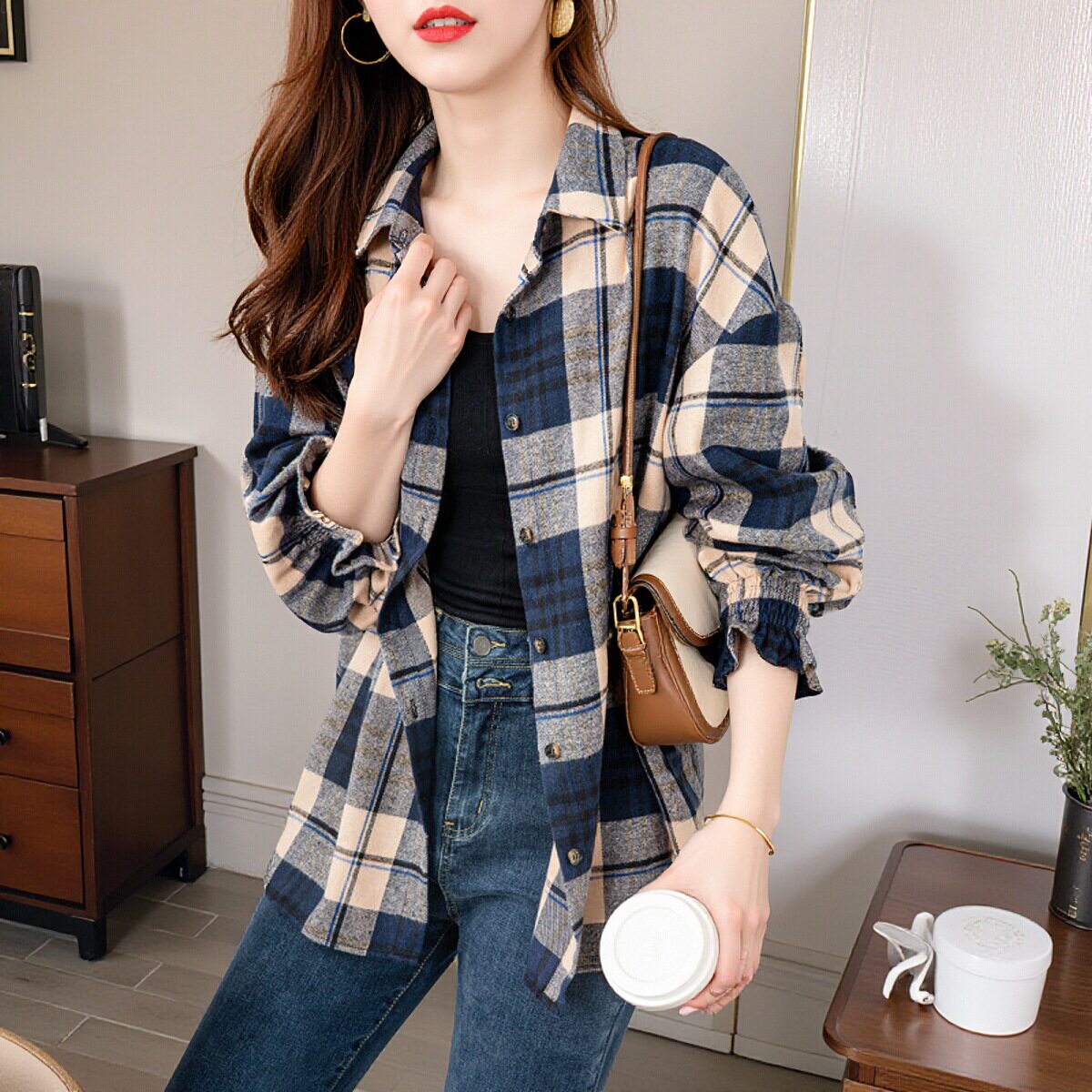 轻奢品质磨毛格子长袖衬衫女春季新款高级感气质叠穿休闲百搭上衣