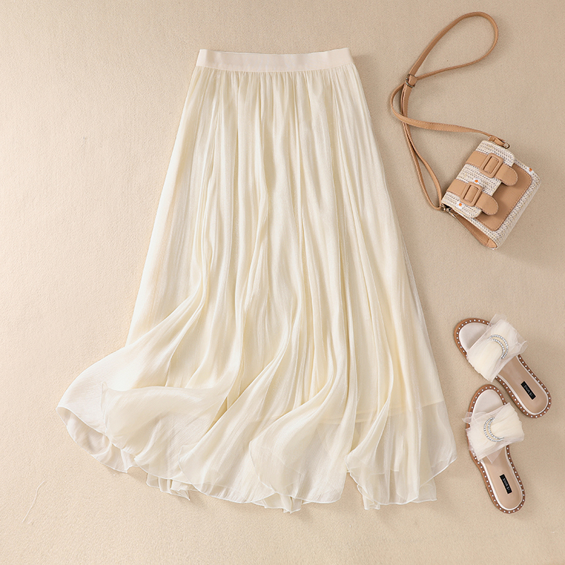 动感哥弟气质真丝珠光半身长裙女