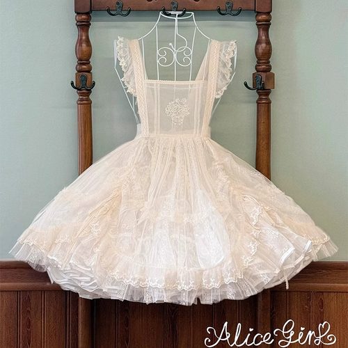 Alice girl原创款 猫咪花墙 花朵刺绣网纱罩纱围裙连衣裙