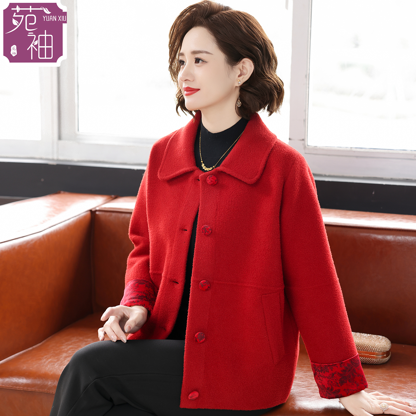 本命年妈妈红色外套女秋冬装毛呢上衣喜婆婆婚宴时尚减龄开衫衣服