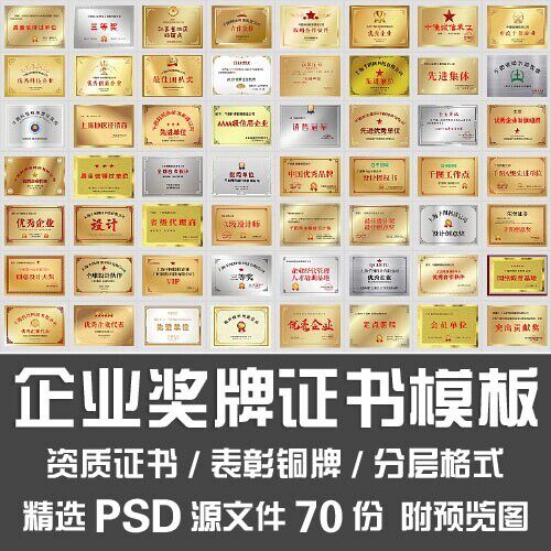 企业奖牌证书模板/公司单位设计院资质证书获奖表彰铜牌PSD源文件