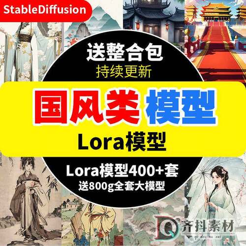 D图模型AI画国绘风训服潮Lo教ra水墨汉大模型S片素国材软体类培程