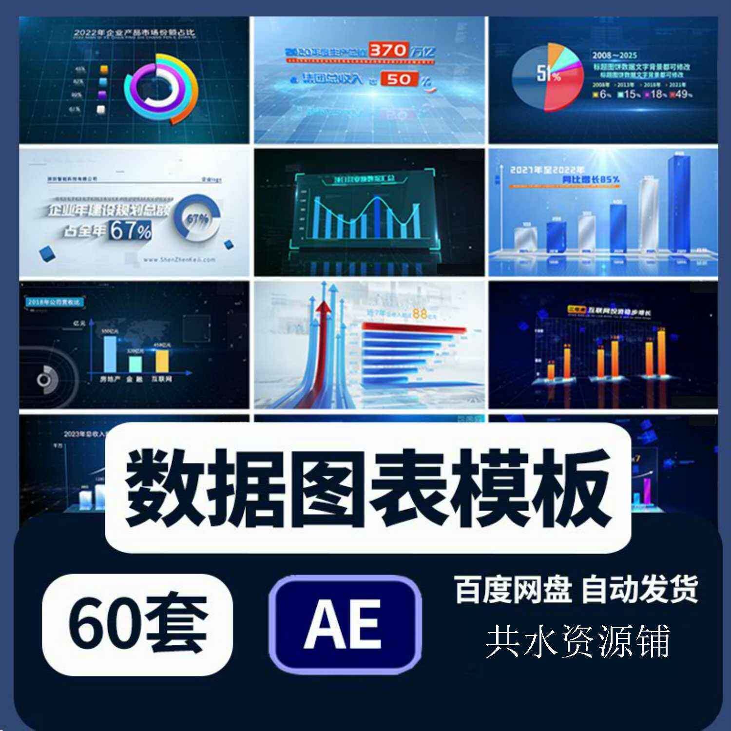 企业数据增长饼柱状图表AE模板年终总结汇报统计销售业绩影片