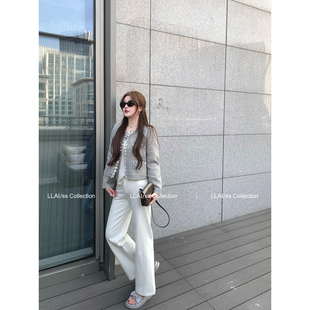 长裤 弹力遮肉高腰百搭显瘦休闲裤 女 双线喇叭白色牛仔裤 来来LLAI