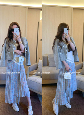 来来LLAI 蓝铃花 小清新碎花压褶半身裙女百搭高腰显瘦A字百褶裙