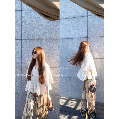 来来LLAI花瓣钩花衬衫印花裤套组
